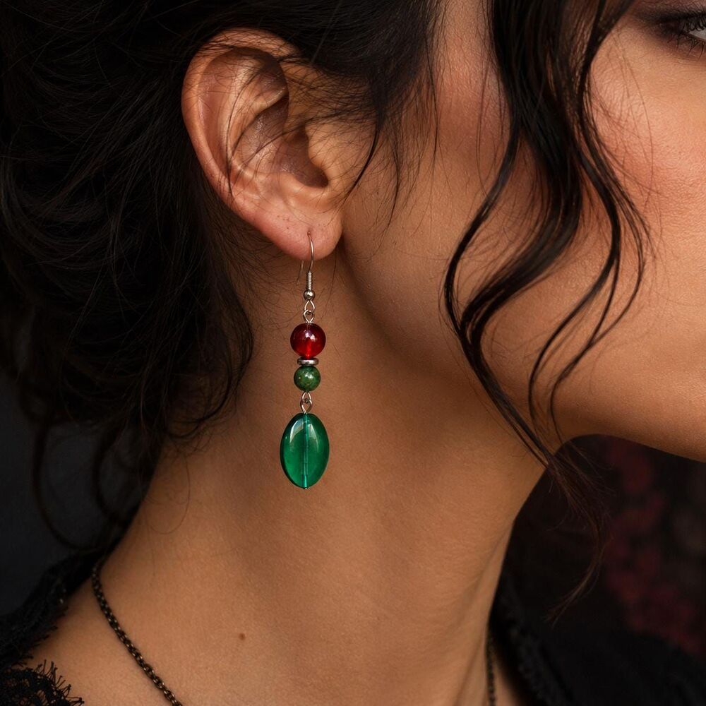 Red, Emerald Czech Glass & Green Garnet Earrings - Stainless Steel Hooks